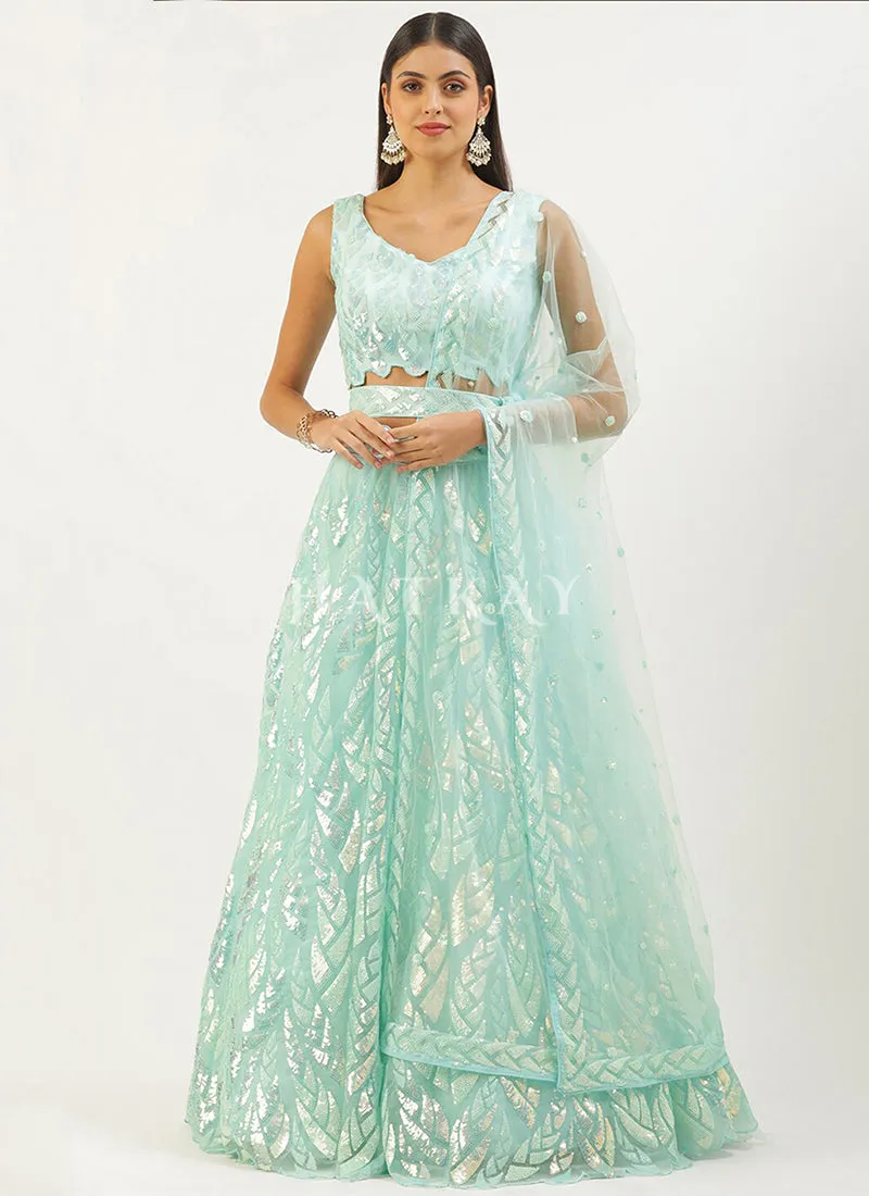 Aqua Blue Sequins Embroidered Lehenga Choli