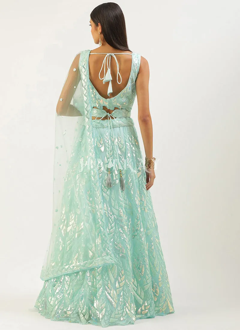 Aqua Blue Sequins Embroidered Lehenga Choli
