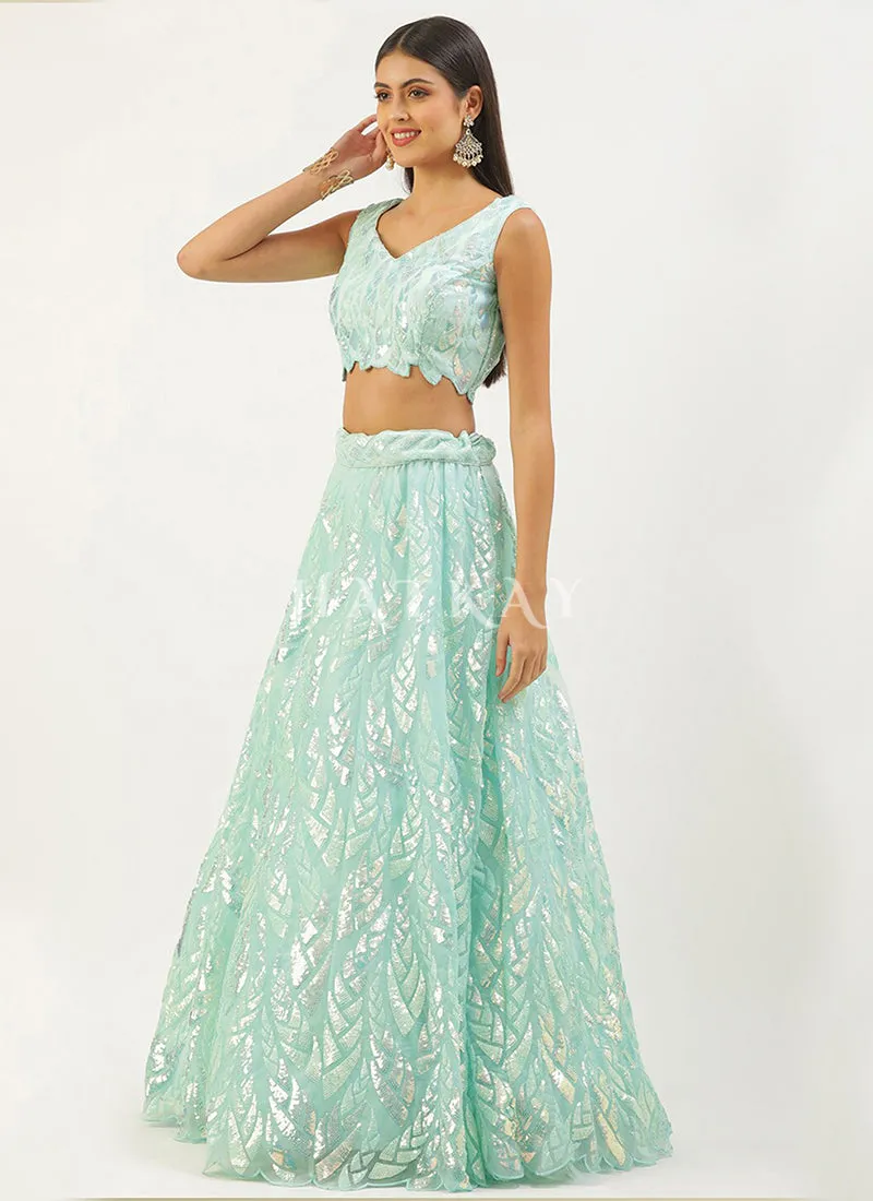 Aqua Blue Sequins Embroidered Lehenga Choli