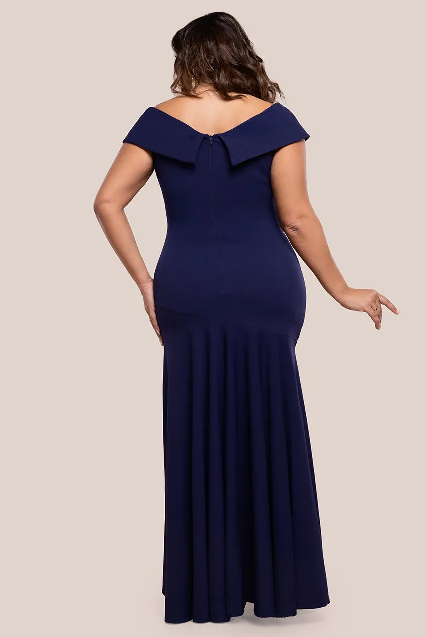 Goddiva Plus Scuba Crepe Off Shoulder Front Split Maxi Dress - Navy Blue