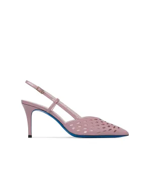 Laser-cut wisteria color patent leather slingback pumps