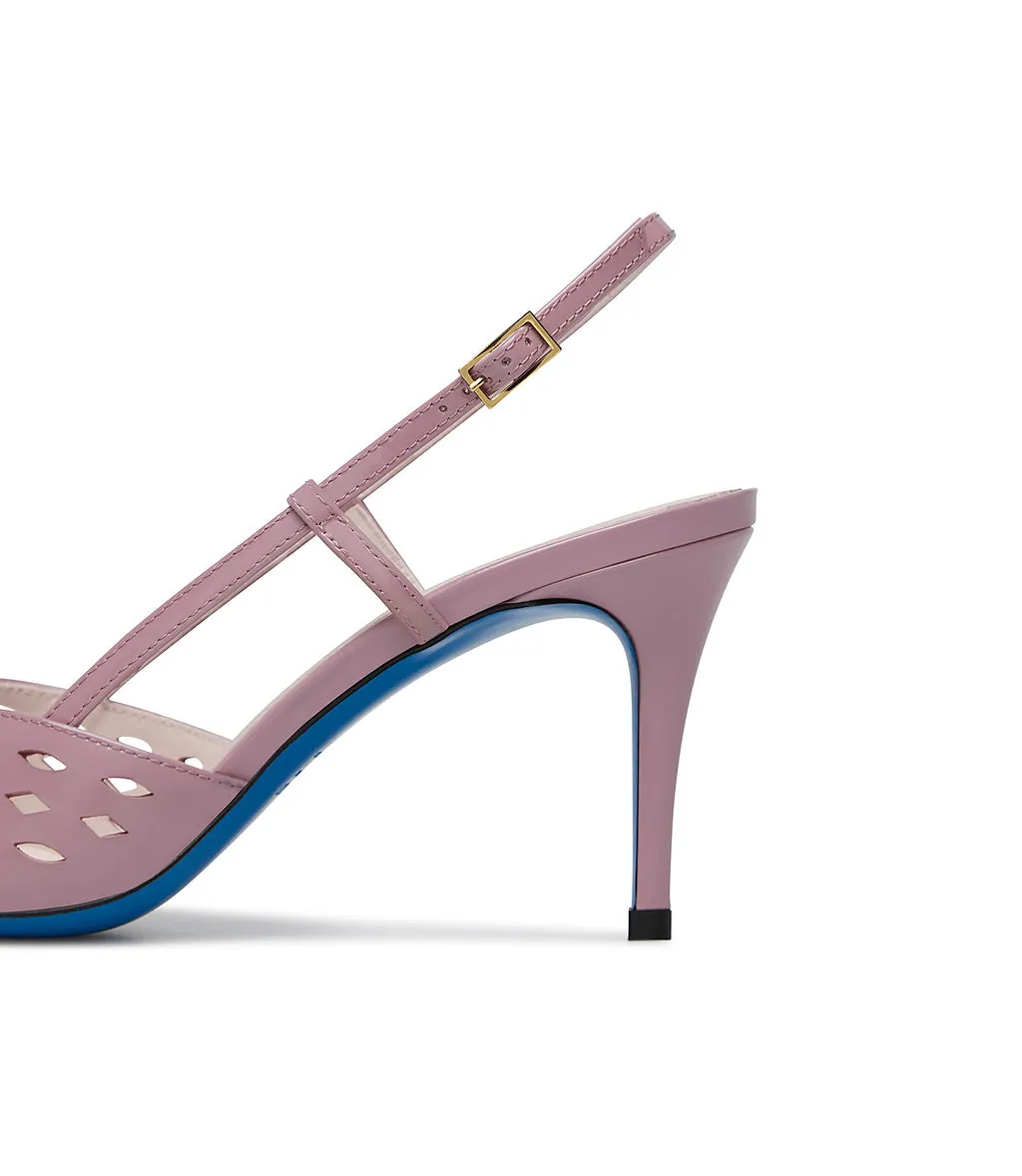 Laser-cut wisteria color patent leather slingback pumps