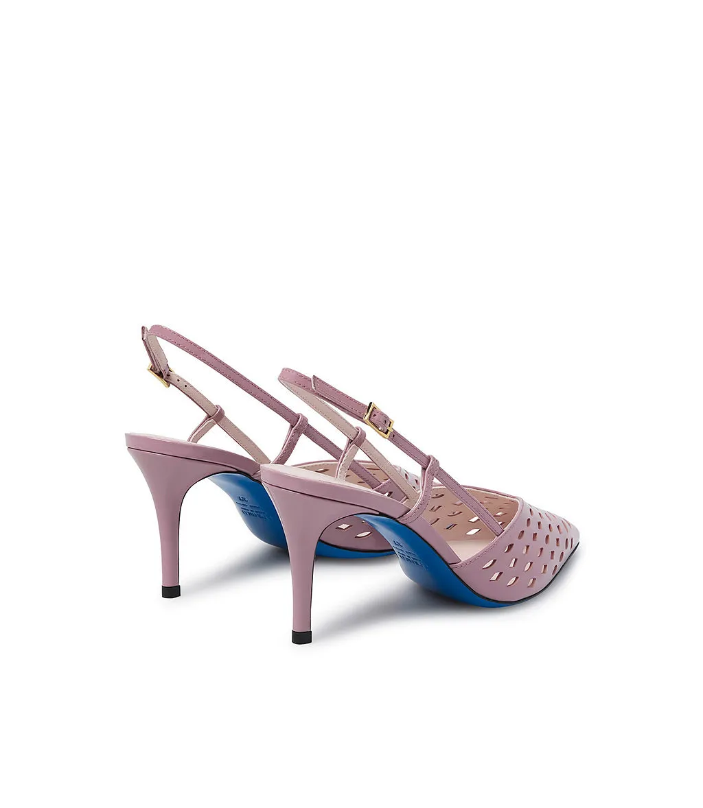 Laser-cut wisteria color patent leather slingback pumps