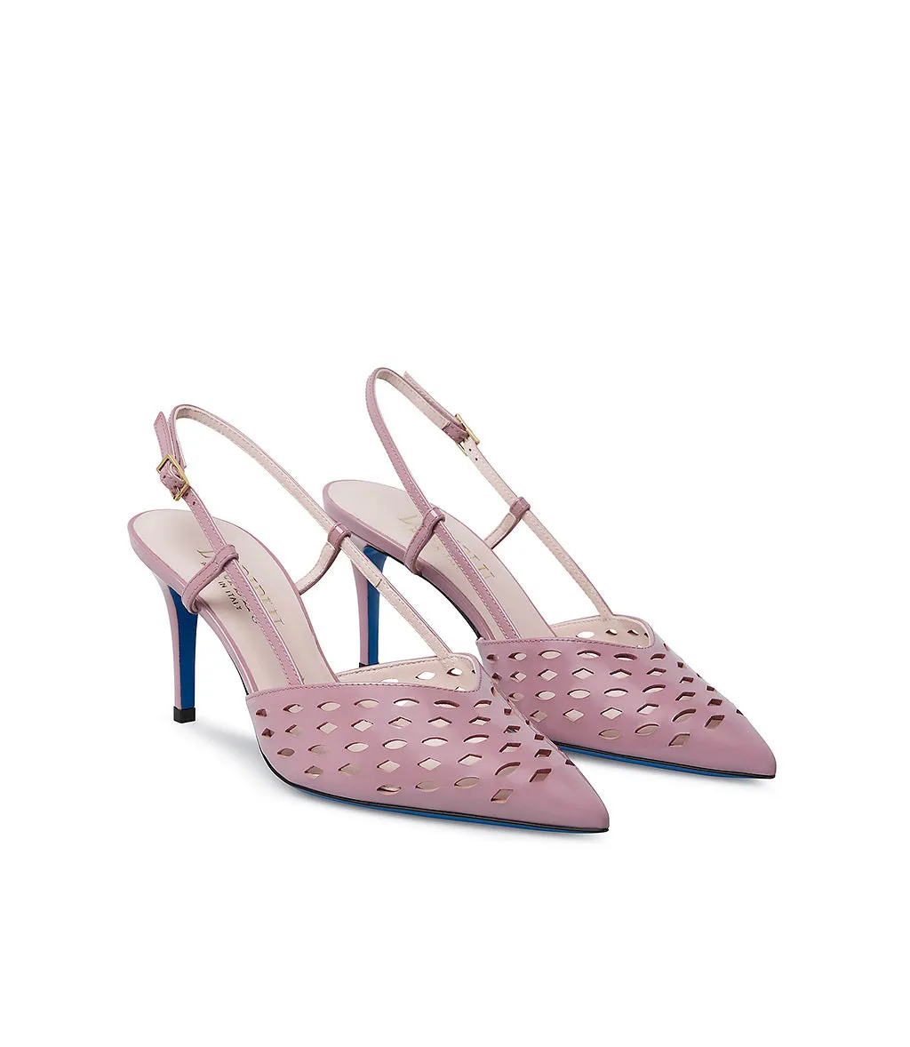 Laser-cut wisteria color patent leather slingback pumps
