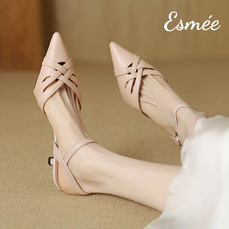Leather High Heel Sandals with Woven Design