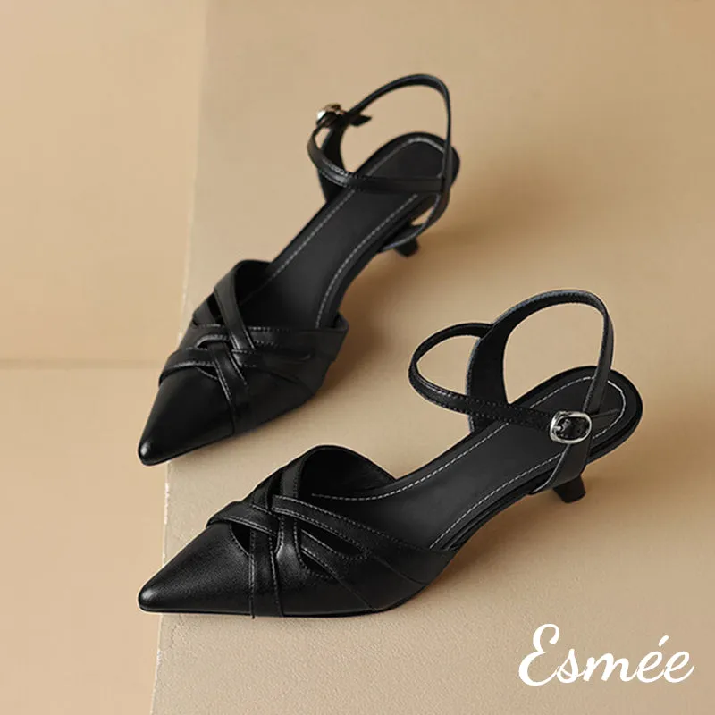 Leather High Heel Sandals with Woven Design