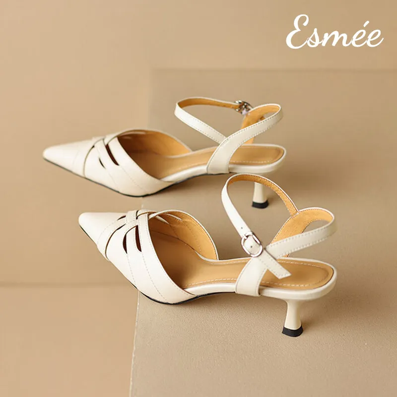 Leather High Heel Sandals with Woven Design