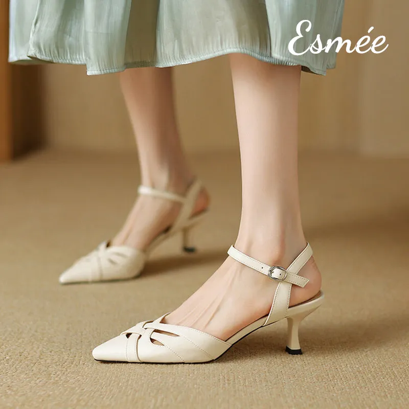 Leather High Heel Sandals with Woven Design