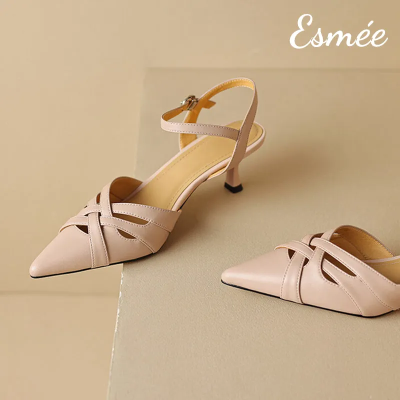 Leather High Heel Sandals with Woven Design
