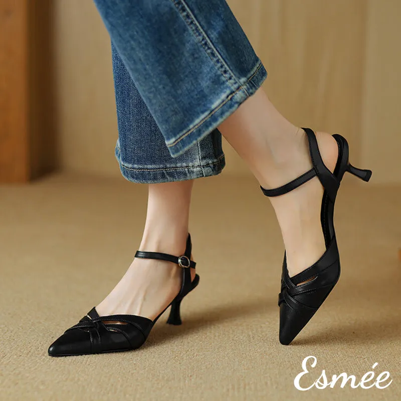 Leather High Heel Sandals with Woven Design