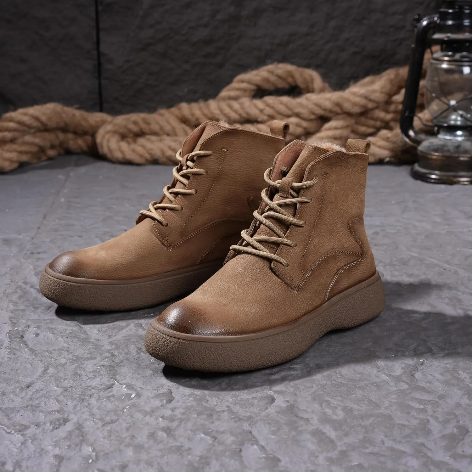 Men Lace Up Cowboy Boots, Genuine Leather Casual Fashion Wide Comfortable Durable Western Chelsea Chukka Boots, Round Toe Non-Slip Oxford Rubber Work Shoes Retro Stylich