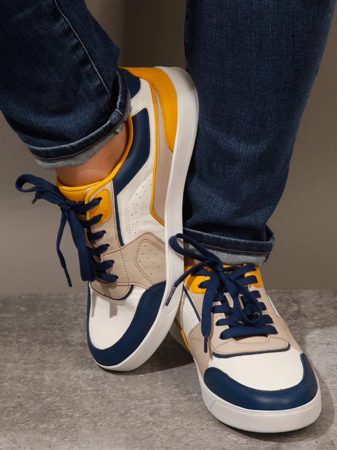 Men's White Beige Lace Up Fashion Sneakers (IX6013)