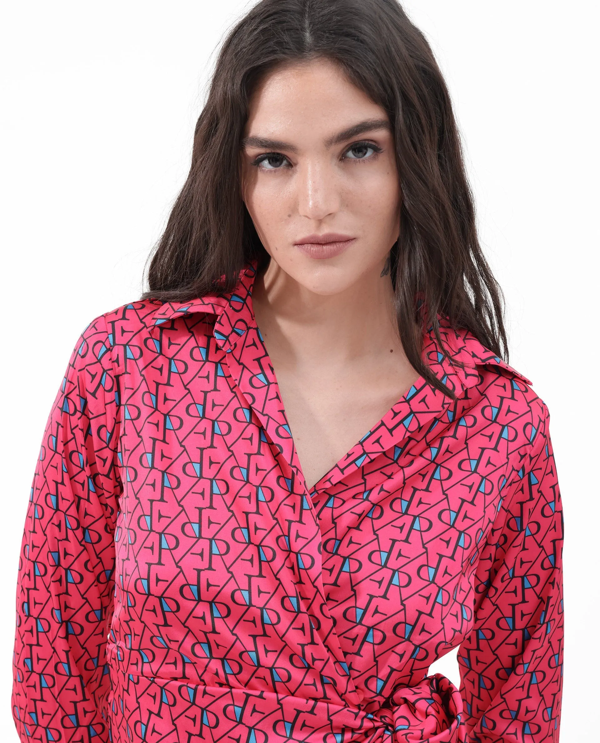 Rareism Women Gangiv Flouroscent Pink Polyester Fabric Regular Sleeves V-Neck Abstract Print Knee Length Dress