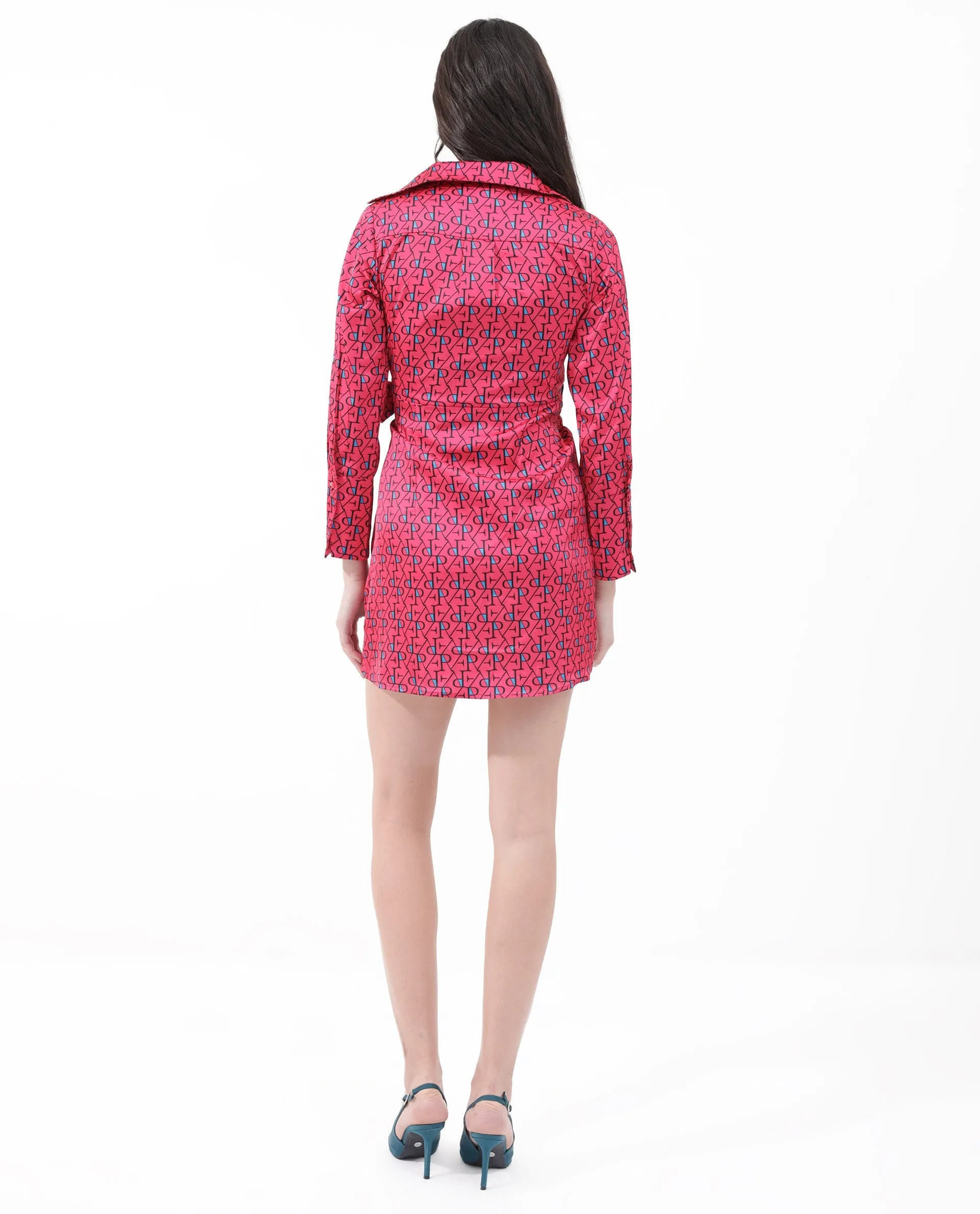 Rareism Women Gangiv Flouroscent Pink Polyester Fabric Regular Sleeves V-Neck Abstract Print Knee Length Dress
