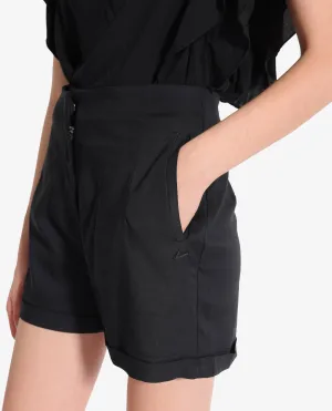 Rareism Women Maslin Black Cotton Fabric Zipper Plain Mini Shorts