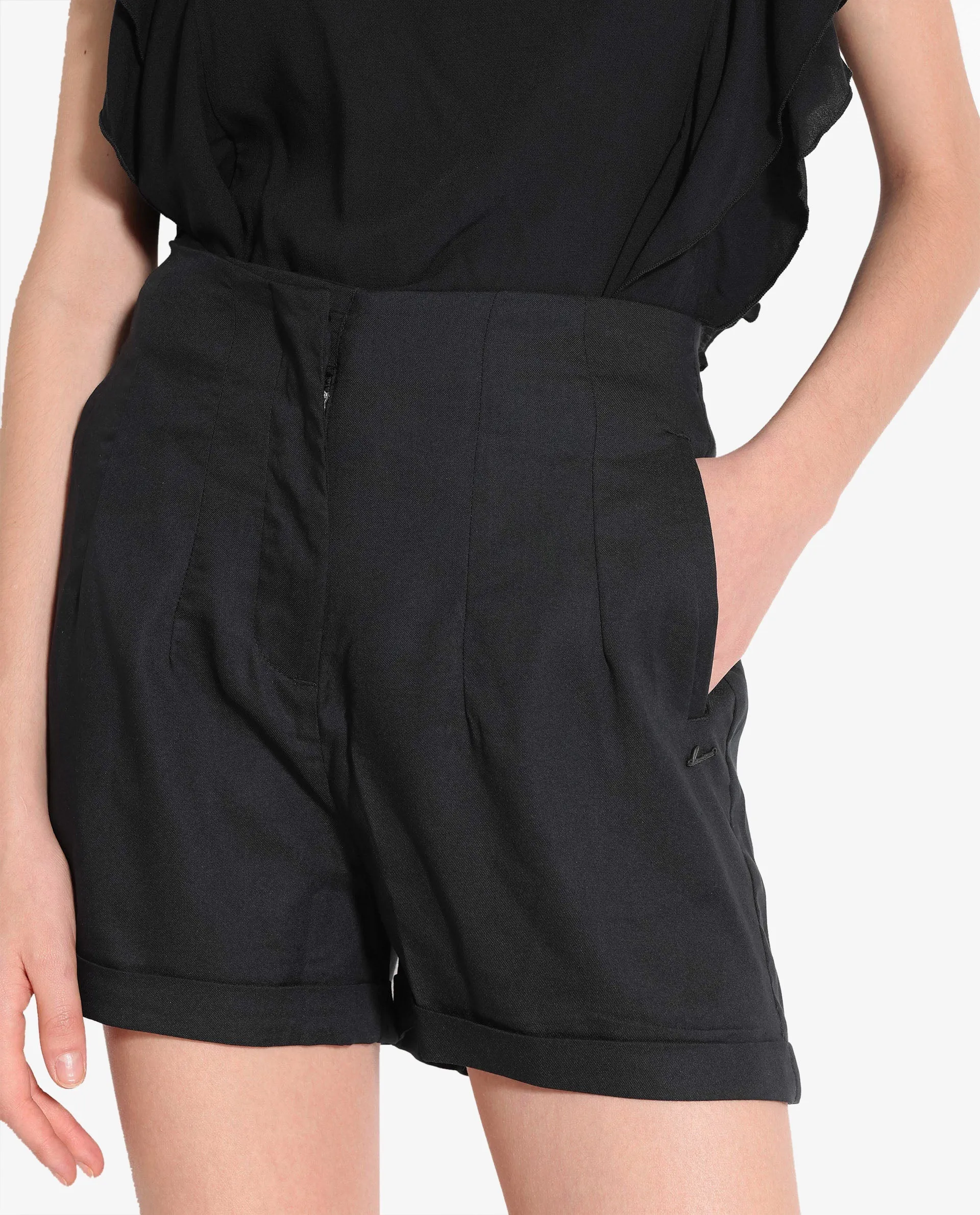 Rareism Women Maslin Black Cotton Fabric Zipper Plain Mini Shorts