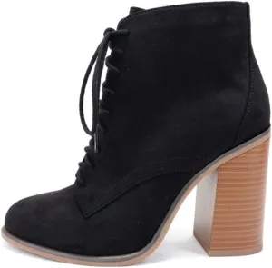 Soda Women Chunky high Heel Lace up Ankle Bootie kidman Black Suede 7