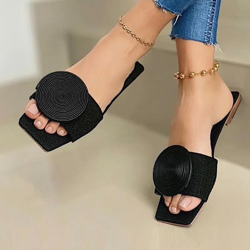 Solid Round Buckle Decoration Flat Sandals