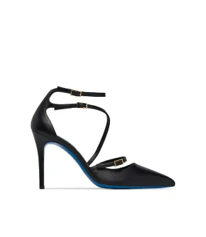 Straps embellished black nappa leather pumps