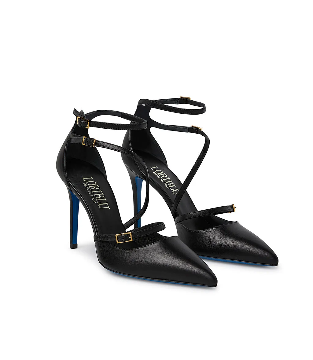 Straps embellished black nappa leather pumps