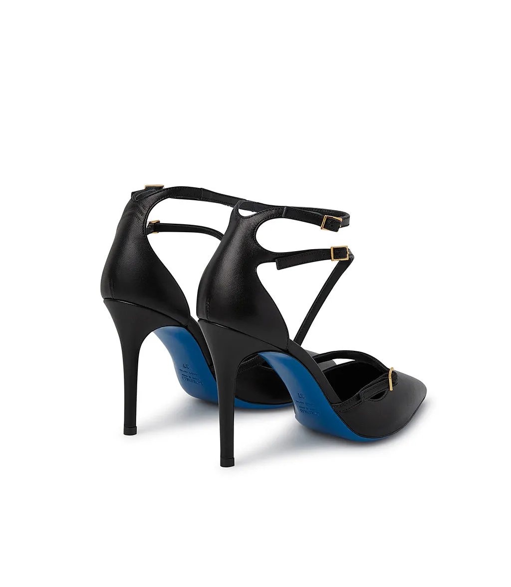 Straps embellished black nappa leather pumps