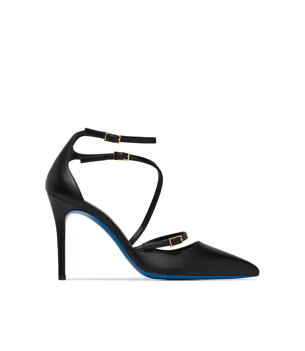 Straps embellished black nappa leather pumps