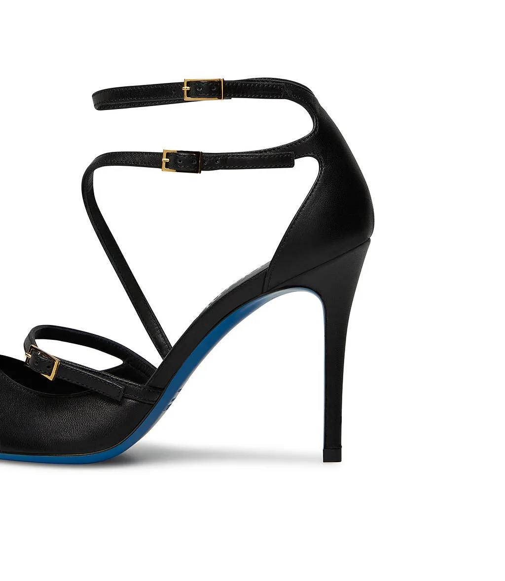 Straps embellished black nappa leather pumps