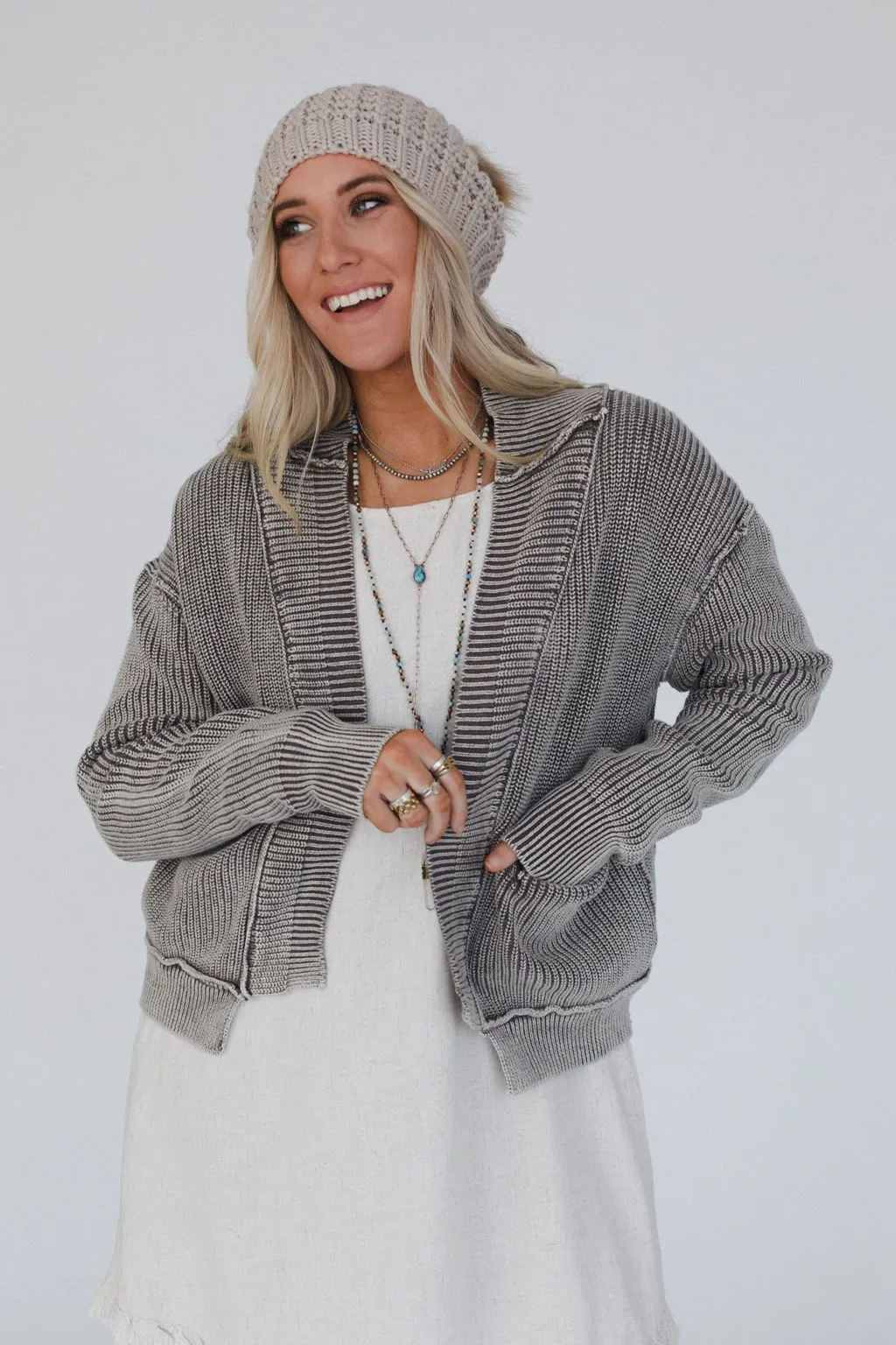 Tillie Washed Sweater Cardigan - Mocha
