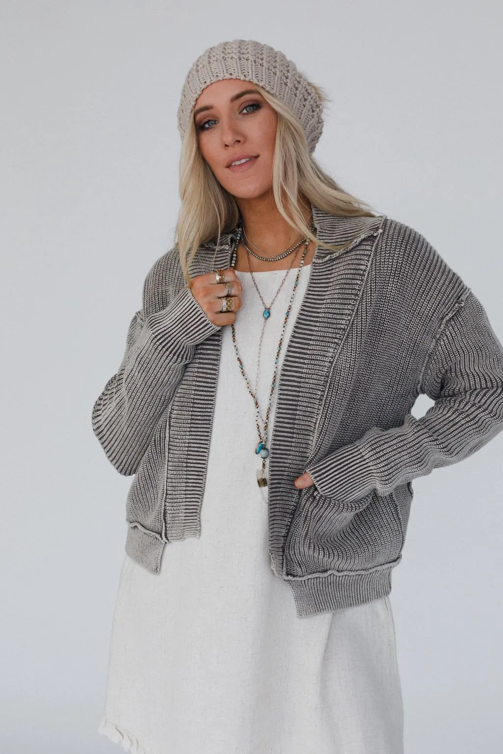 Tillie Washed Sweater Cardigan - Mocha