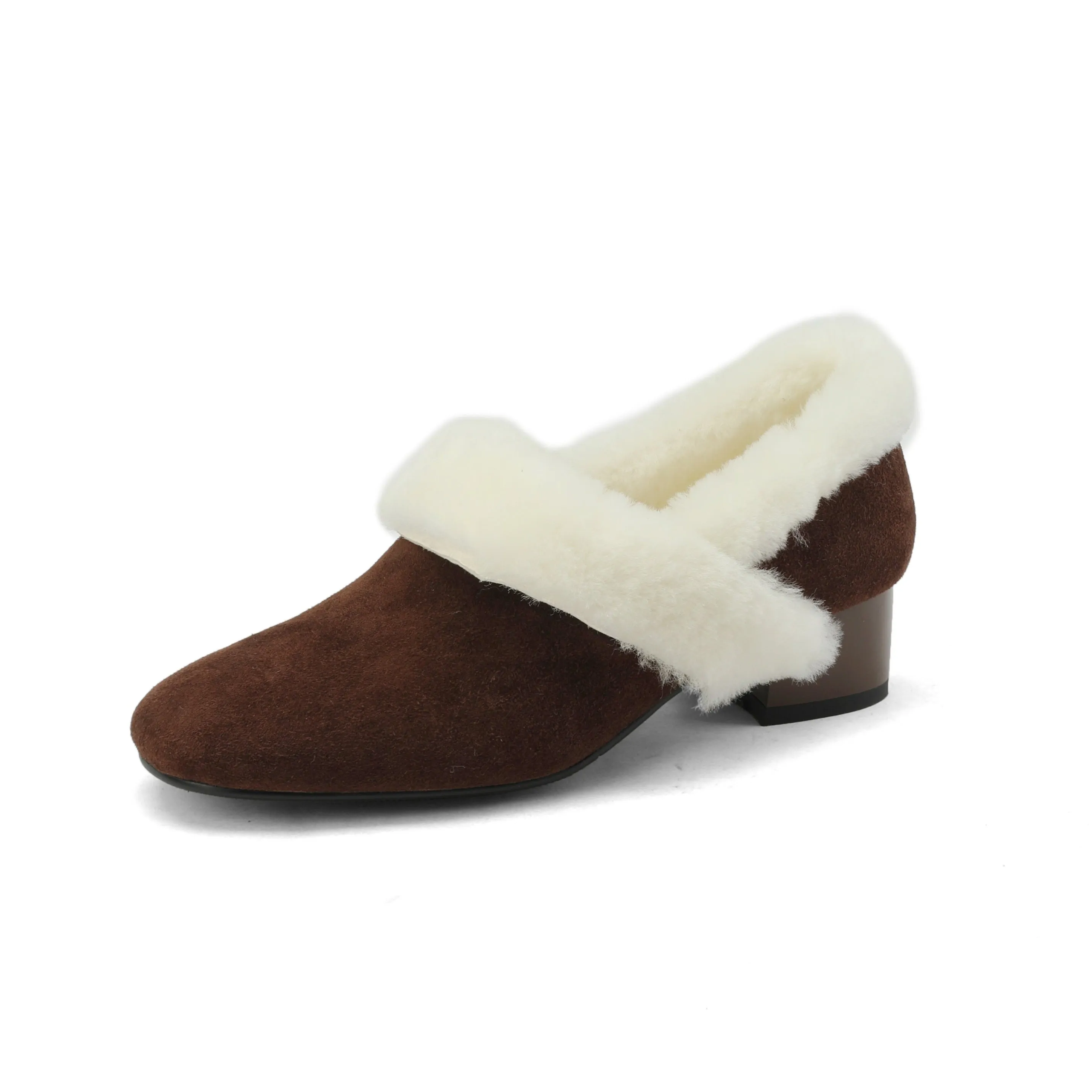 TinaCus Handmade Women's Suede Leather Furry Pull On Square Toe Low Chunky Heel Casual Loafers Shoes