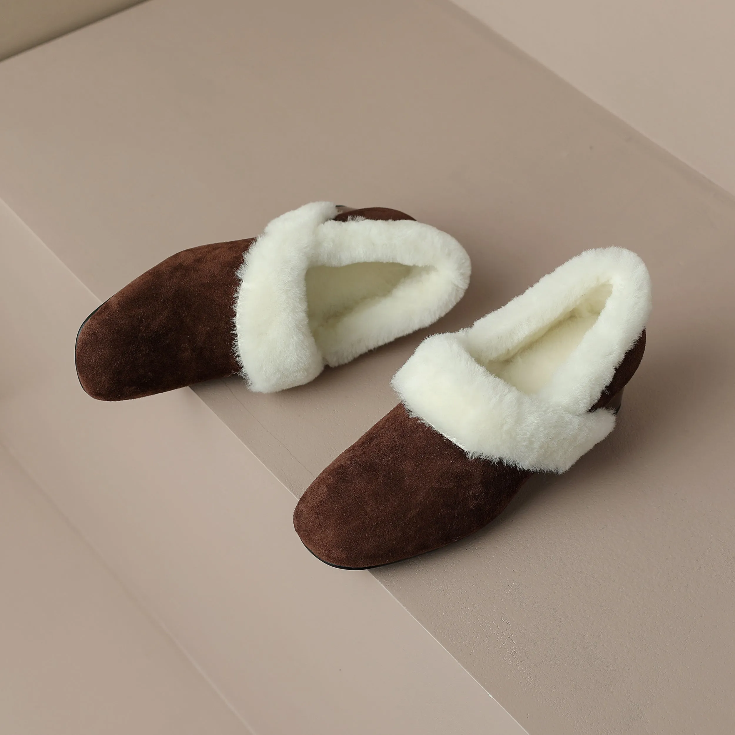 TinaCus Handmade Women's Suede Leather Furry Pull On Square Toe Low Chunky Heel Casual Loafers Shoes