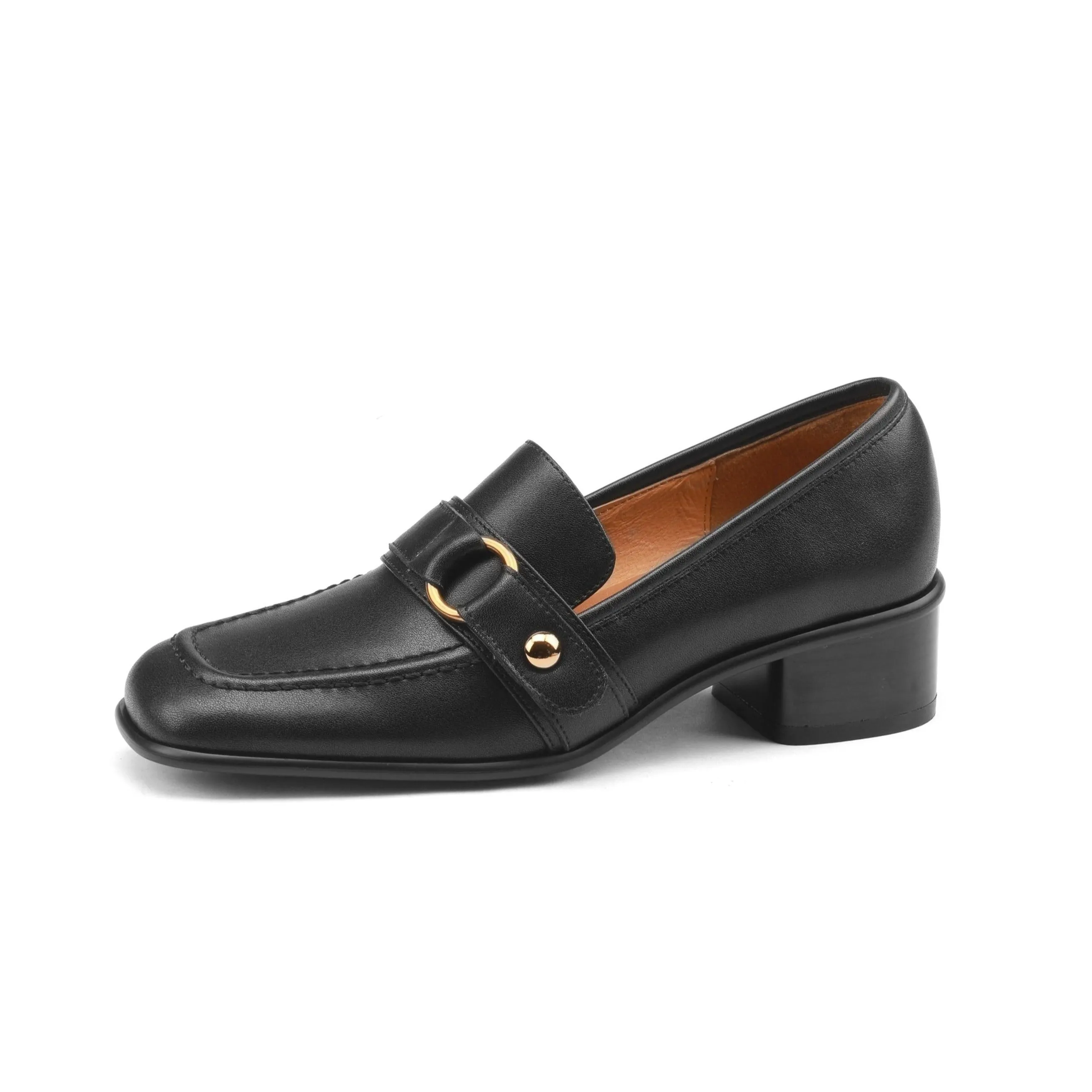 TinaCus Women's Genuine Leather Square Toe Handmade Metal Buckle Low Chunky Heel Casual Loafers