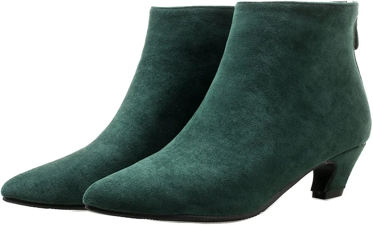 UniqueStride Womens Kitten Heels Ankle Boots Faux Suede Pointed Toe Booties Back Zipper Short Boots