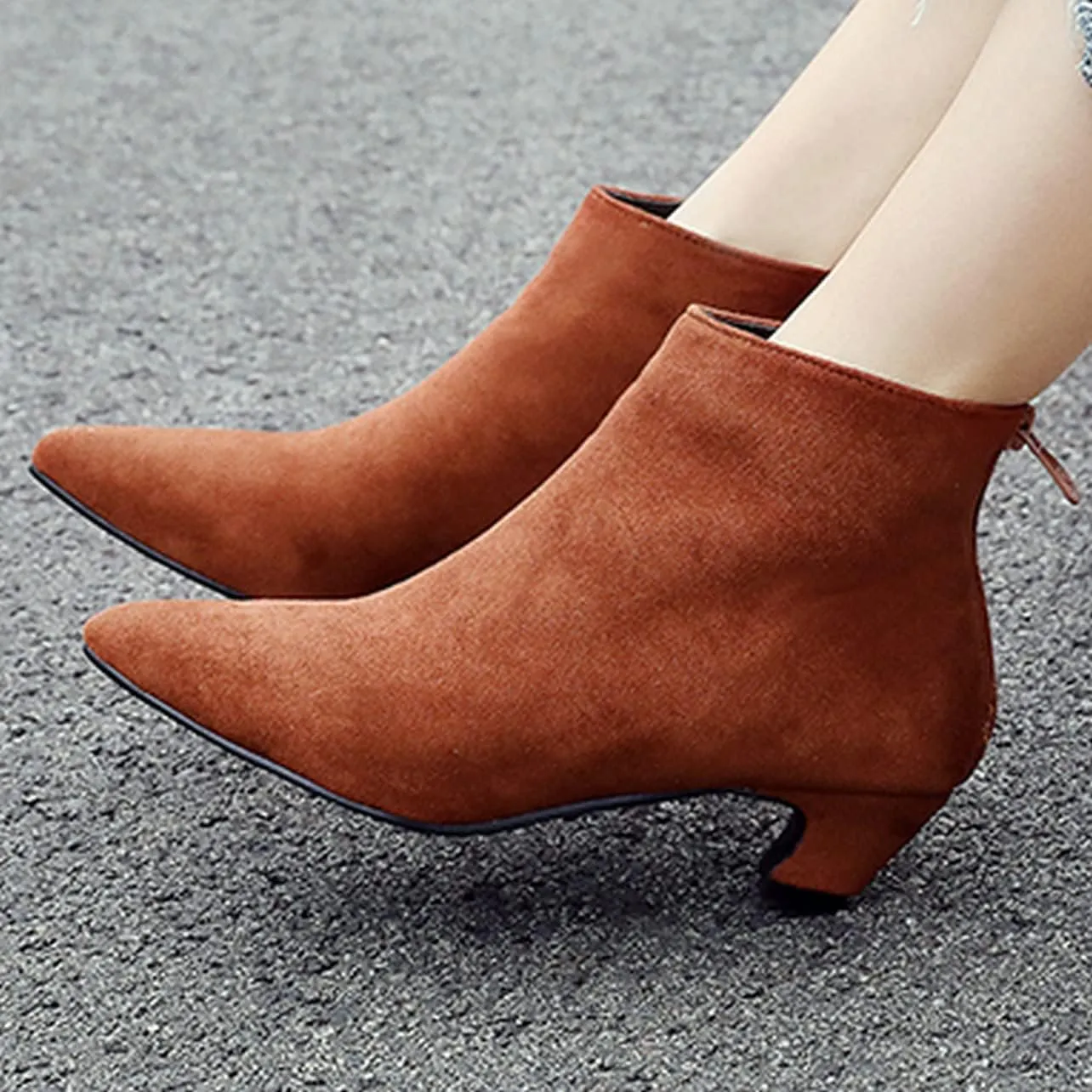 UniqueStride Womens Kitten Heels Ankle Boots Faux Suede Pointed Toe Booties Back Zipper Short Boots