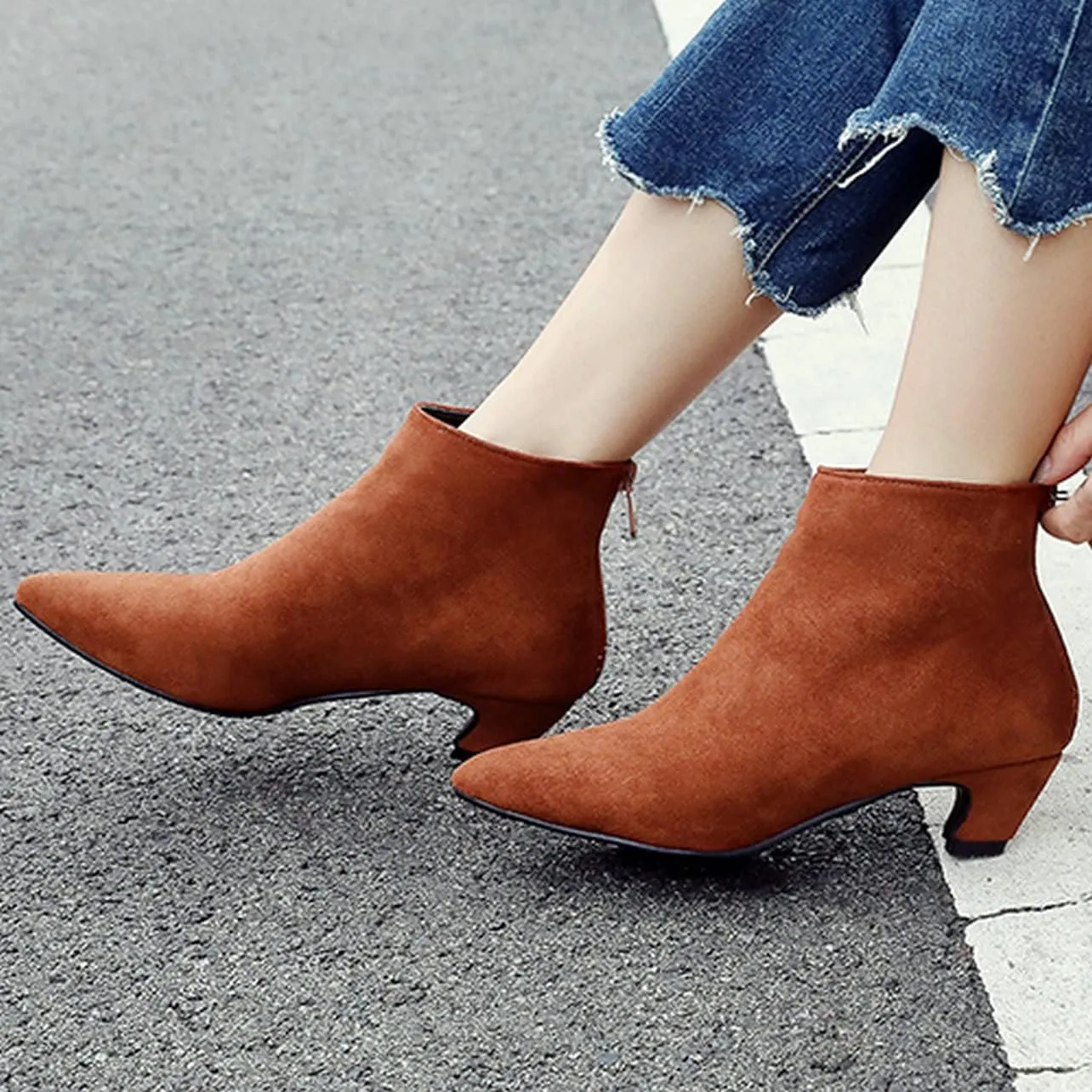 UniqueStride Womens Kitten Heels Ankle Boots Faux Suede Pointed Toe Booties Back Zipper Short Boots