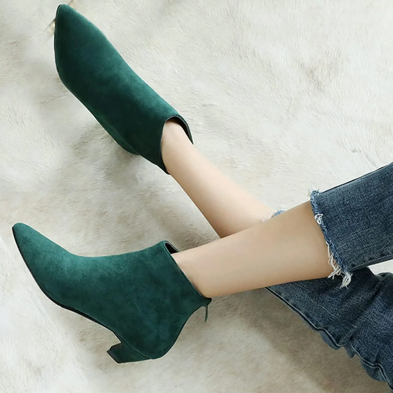 UniqueStride Womens Kitten Heels Ankle Boots Faux Suede Pointed Toe Booties Back Zipper Short Boots