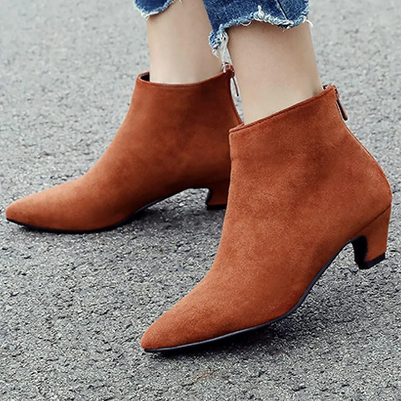 UniqueStride Womens Kitten Heels Ankle Boots Faux Suede Pointed Toe Booties Back Zipper Short Boots