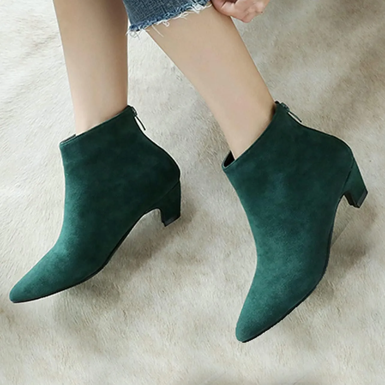 UniqueStride Womens Kitten Heels Ankle Boots Faux Suede Pointed Toe Booties Back Zipper Short Boots