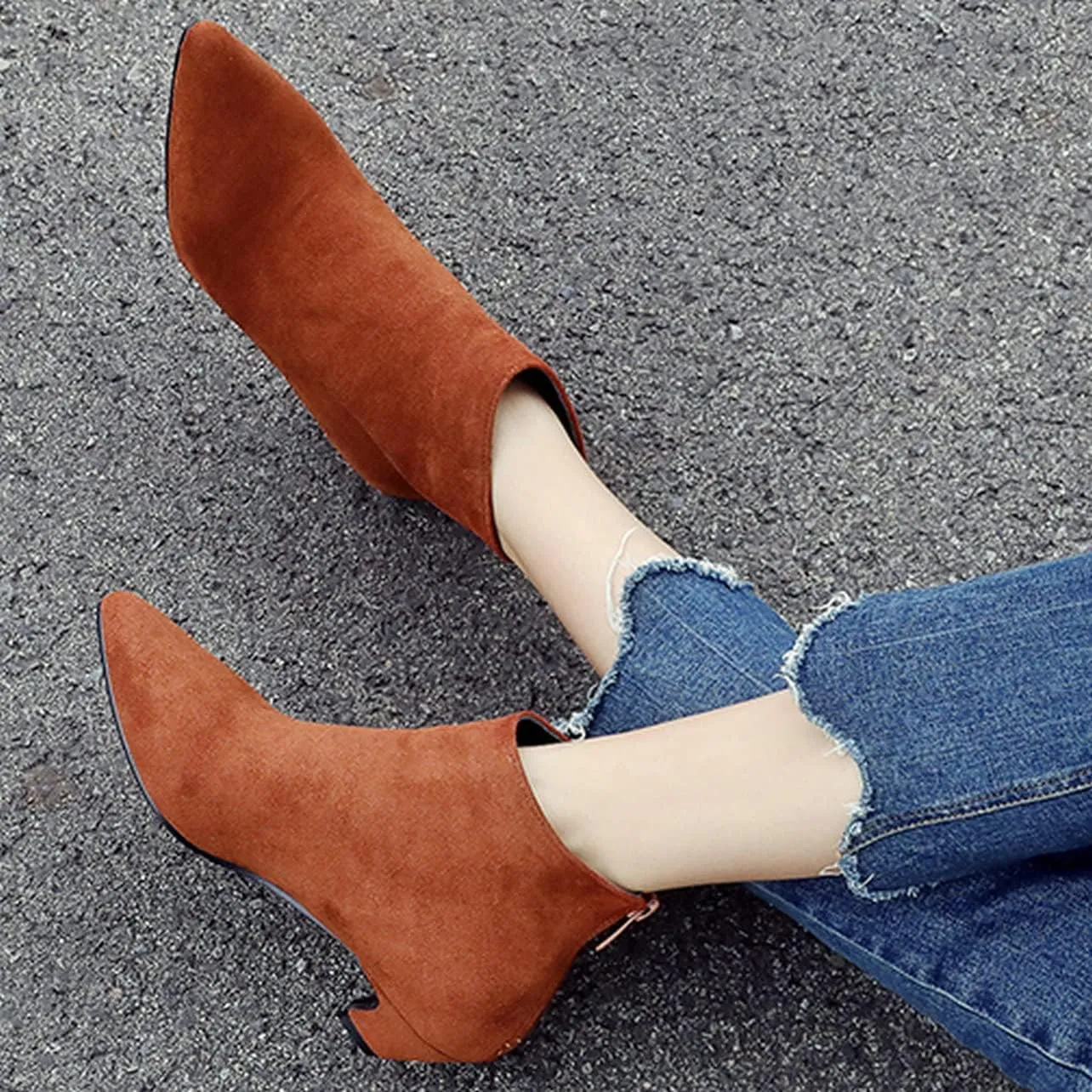 UniqueStride Womens Kitten Heels Ankle Boots Faux Suede Pointed Toe Booties Back Zipper Short Boots