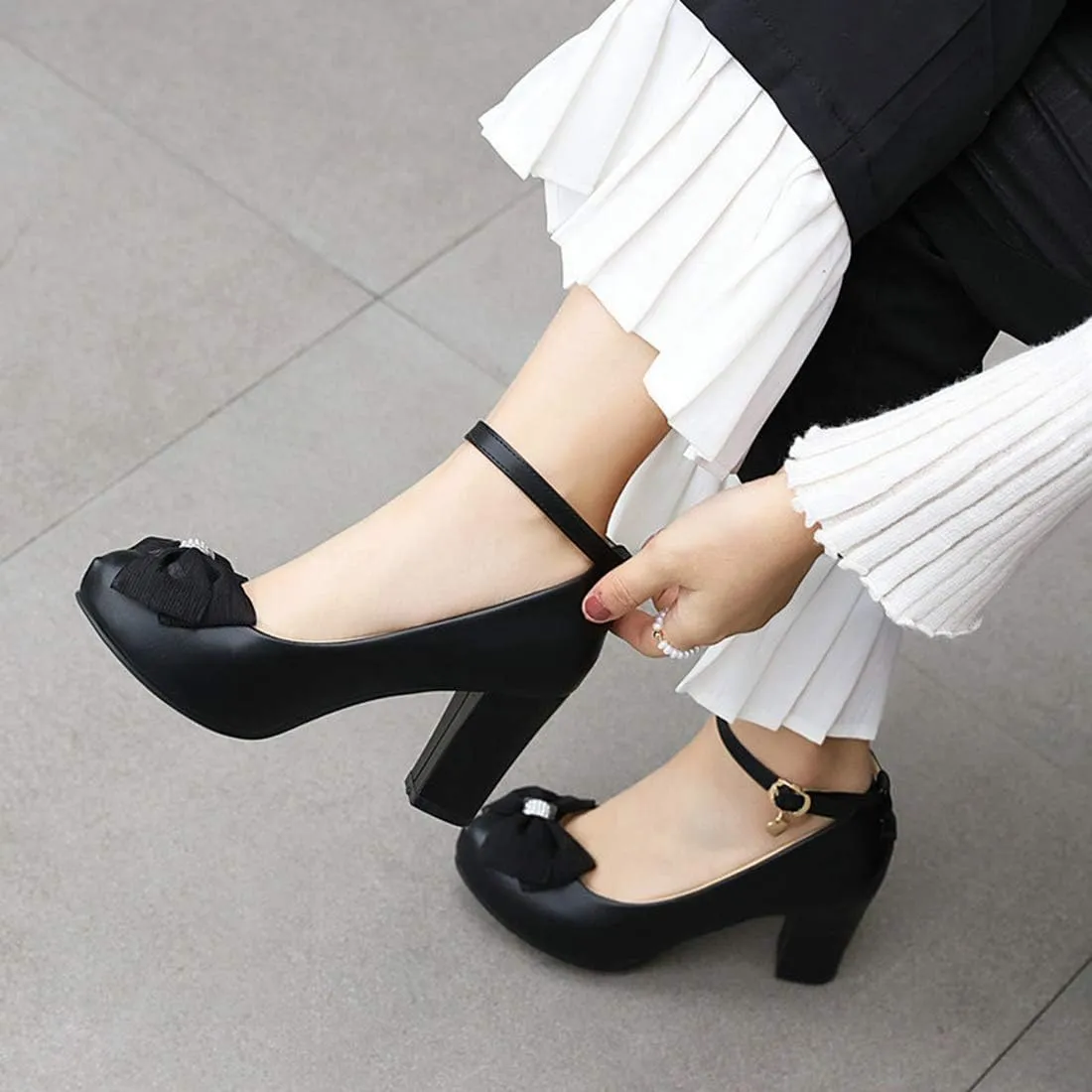VOKLIN Women's Girls Lolita Ankle Strap Mary Jane Pumps Sweet Bow Block High Heel Princess Oxford Dress Shoes
