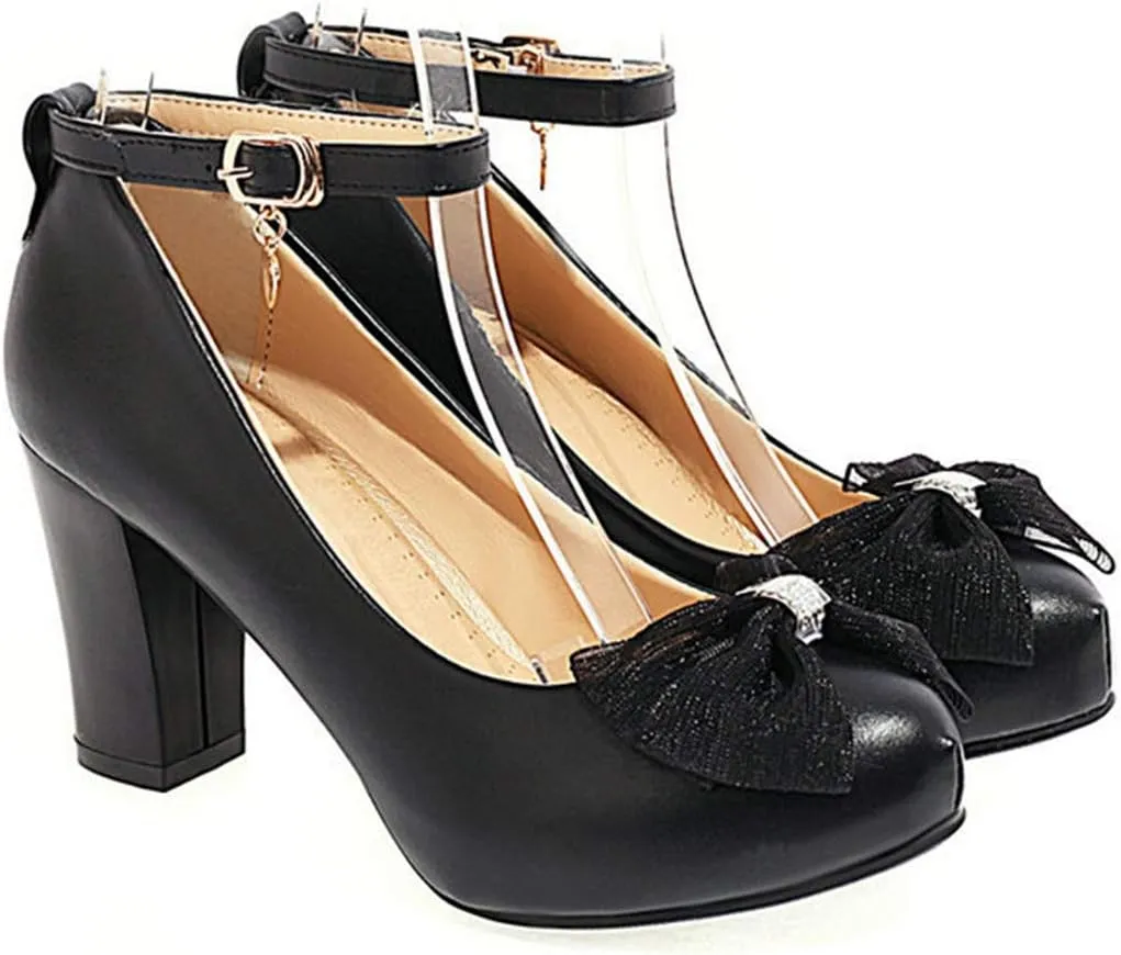 VOKLIN Women's Girls Lolita Ankle Strap Mary Jane Pumps Sweet Bow Block High Heel Princess Oxford Dress Shoes
