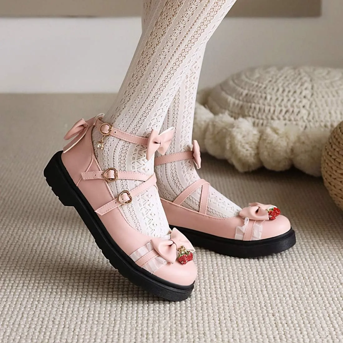 VOKLIN Women's Girls Lolita Mary Jane Flats Sweet Bow Cross Ankle Strap Low Heel Princess Oxford Dress Shoes