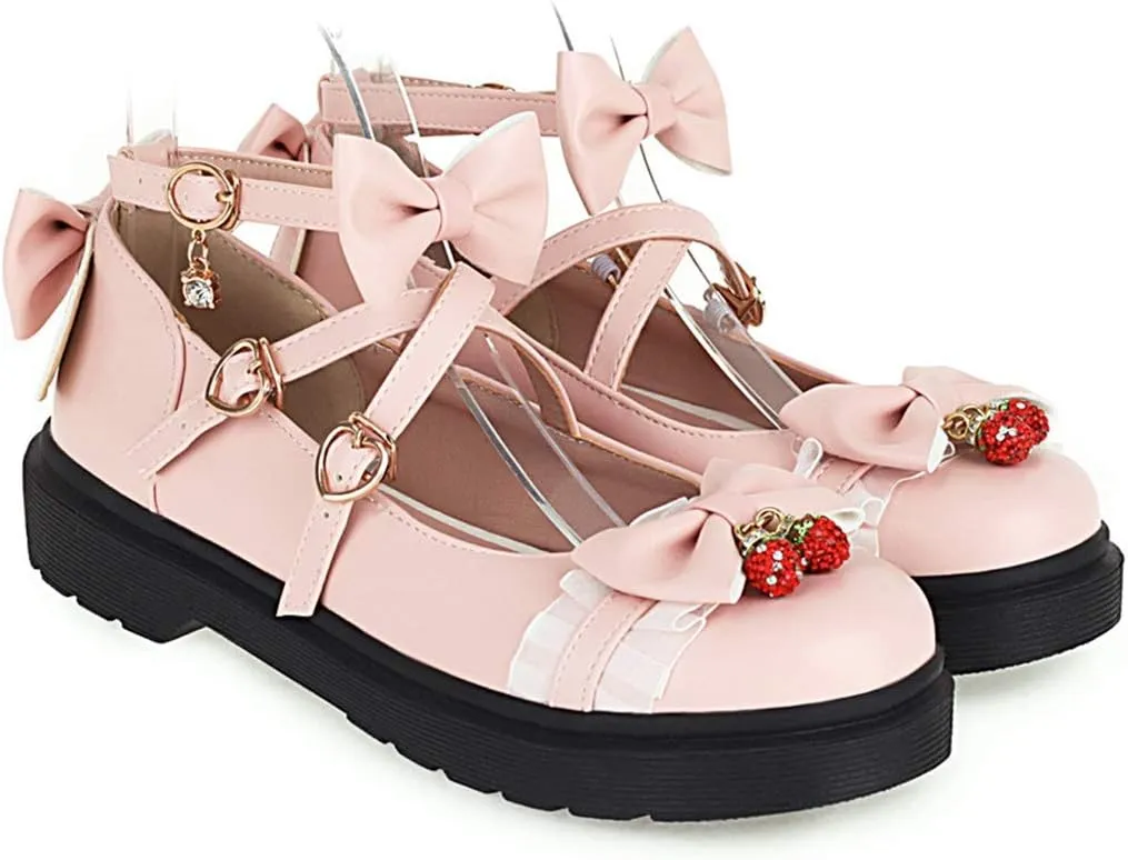 VOKLIN Women's Girls Lolita Mary Jane Flats Sweet Bow Cross Ankle Strap Low Heel Princess Oxford Dress Shoes