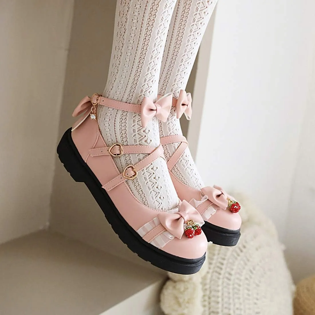 VOKLIN Women's Girls Lolita Mary Jane Flats Sweet Bow Cross Ankle Strap Low Heel Princess Oxford Dress Shoes