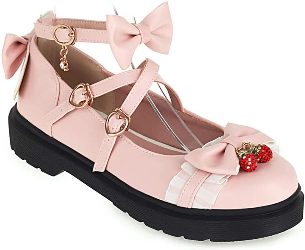 VOKLIN Women's Girls Lolita Mary Jane Flats Sweet Bow Cross Ankle Strap Low Heel Princess Oxford Dress Shoes