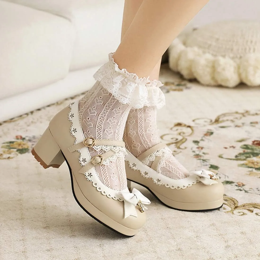 VOKLIN Women's Girls Lolita Mary Jane Pumps Sweet Bow Cross Ankle Strap Mid Heel Princess Oxford Dress Shoes