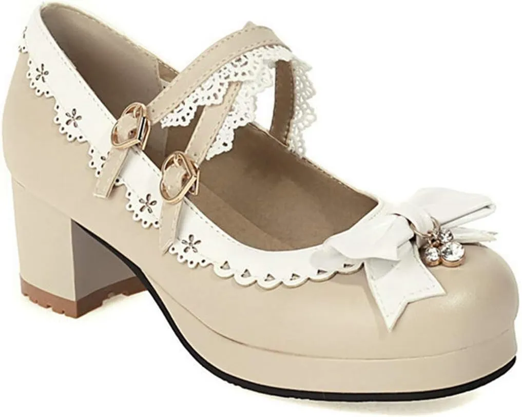 VOKLIN Women's Girls Lolita Mary Jane Pumps Sweet Bow Cross Ankle Strap Mid Heel Princess Oxford Dress Shoes