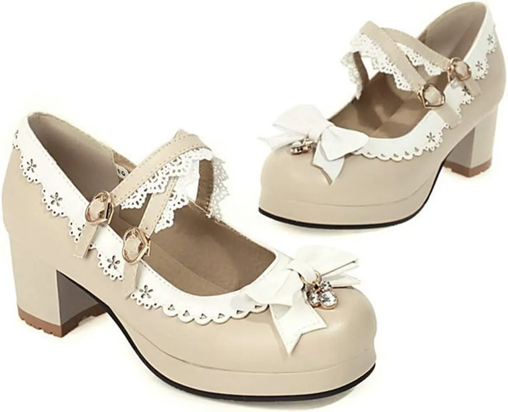 VOKLIN Women's Girls Lolita Mary Jane Pumps Sweet Bow Cross Ankle Strap Mid Heel Princess Oxford Dress Shoes