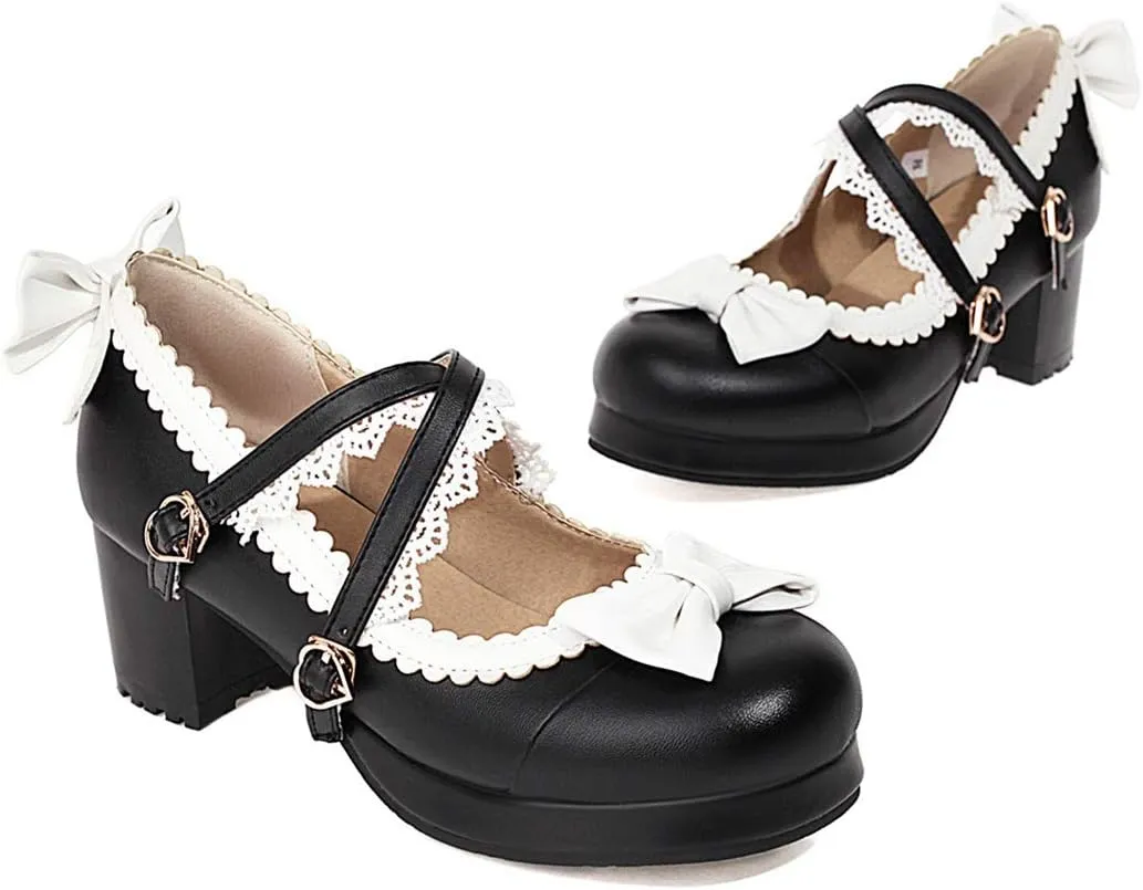 VOKLIN Women's Girls Lolita Mary Jane Shoes Sweet Bow Cross Ankle Strap Mid Heels Cosplay Oxford Dress Pumps