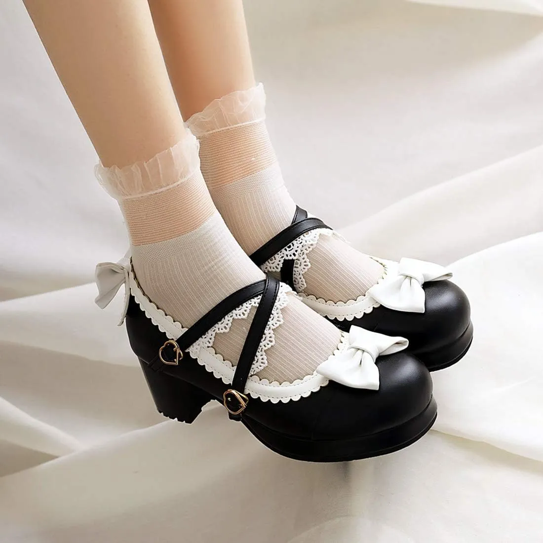 VOKLIN Women's Girls Lolita Mary Jane Shoes Sweet Bow Cross Ankle Strap Mid Heels Cosplay Oxford Dress Pumps